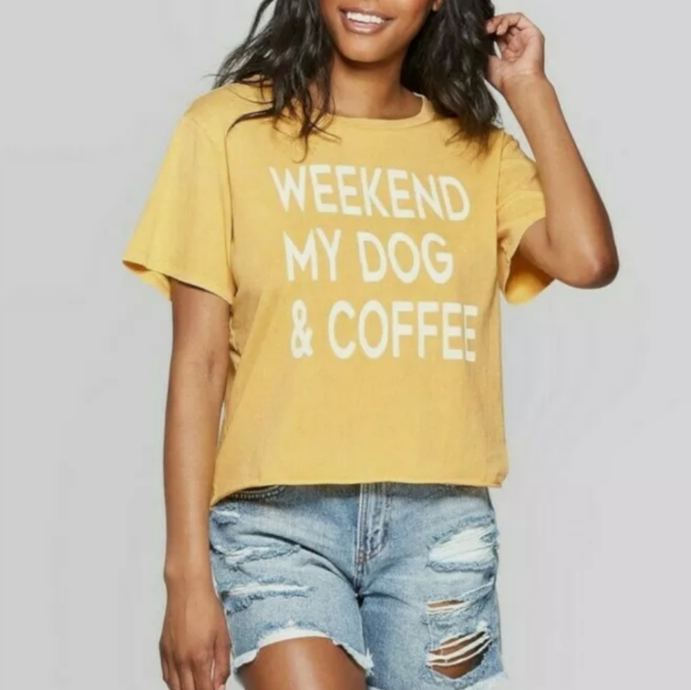 Grayson Threads "Weekend My Dog & Coffee" Graphic Tee Cropped Yellow